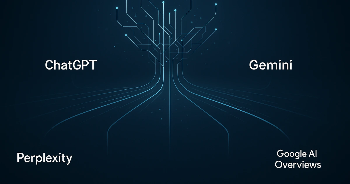 Illustration of ai platform optimization strategies with digital pathways branching toward chatgpt, perplexity, gemini, and google ai overviews. - wp suites