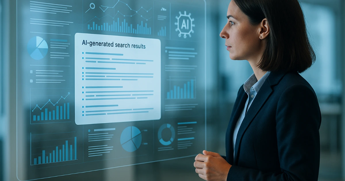 Marketer viewing ai-generated b2b search overviews on a digital interface. - wp suites