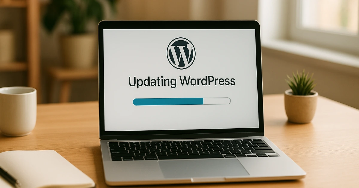 Person upgrading WordPress 5.5 to the latest version on a laptop dashboard.
