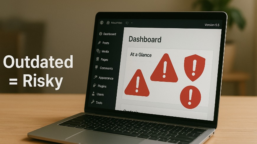 Outdated wordpress dashboard with warning signs representing security risks.