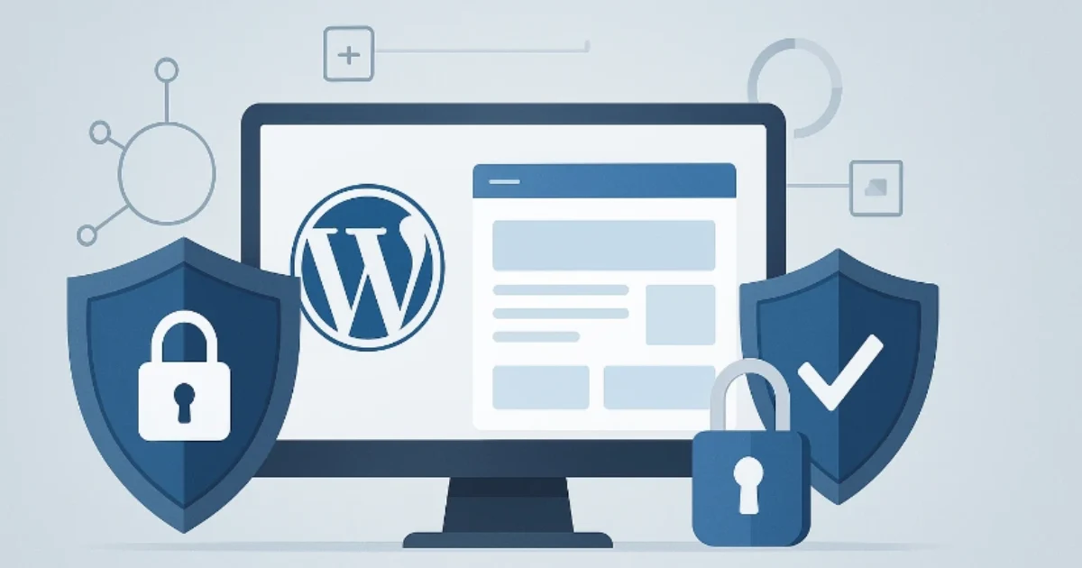 A symbolic representation of WordPress website security in 2025 featuring layered digital protection and secure website interface.